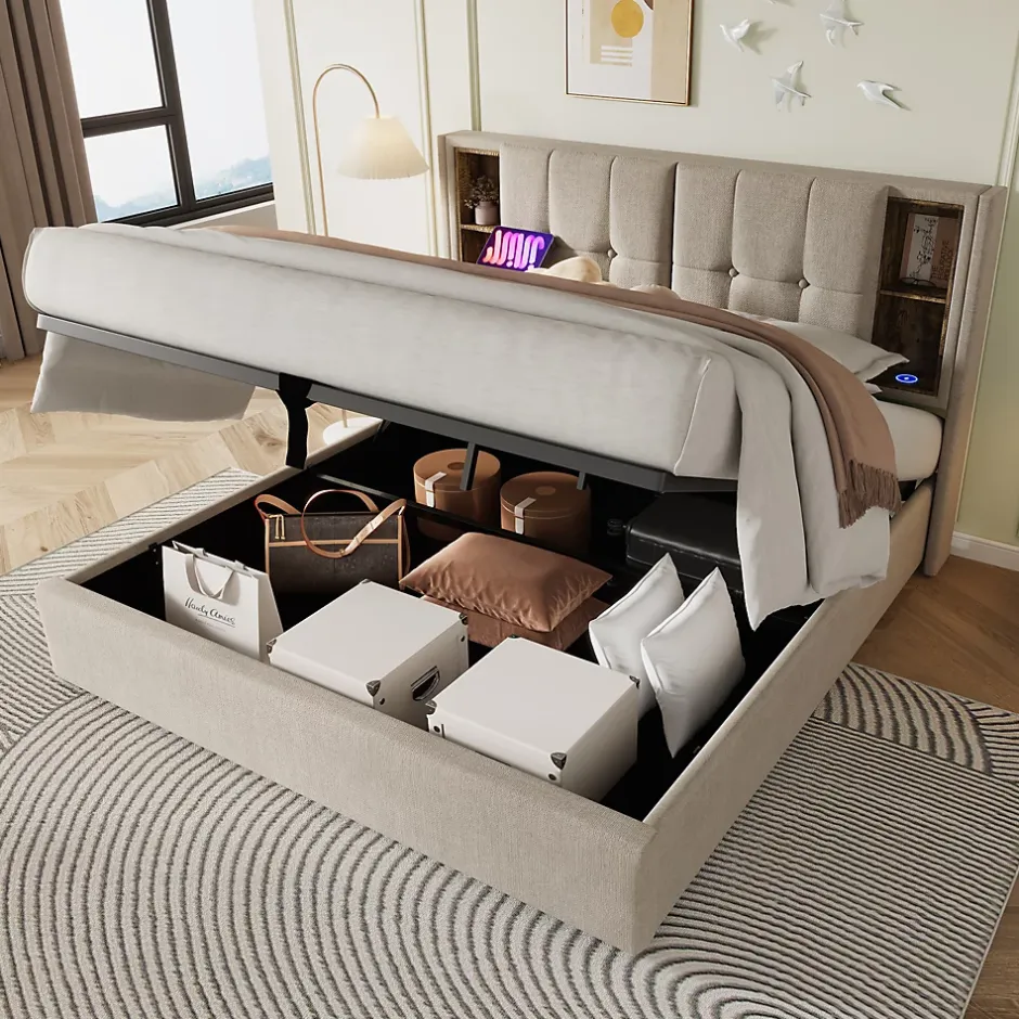 Redom Lit 160x200 cm tete de lit avec rangement et ports USB Type C, tapisse lin, coffre a verins Outlet