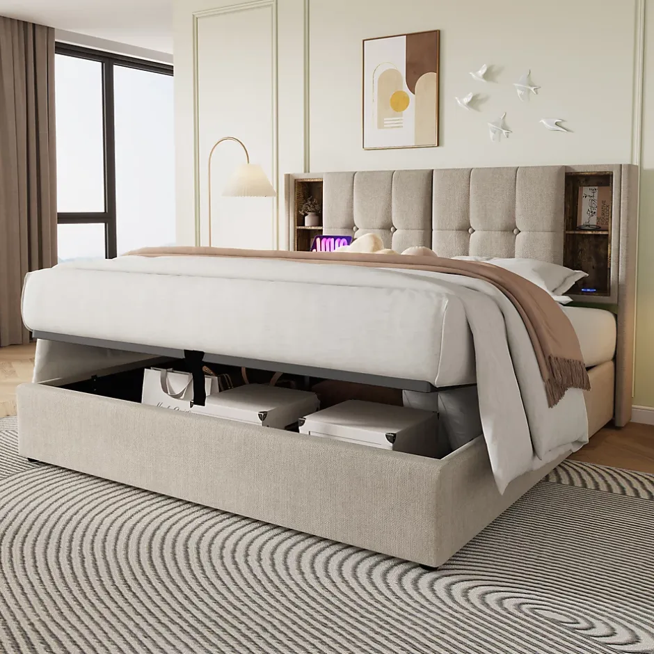 Redom Lit 160x200 cm tete de lit avec rangement et ports USB Type C, tapisse lin, coffre a verins Outlet