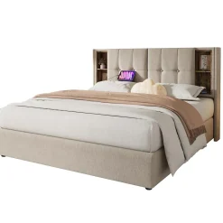 Redom Lit 160x200 cm tete de lit avec rangement et ports USB Type C, tapisse lin, coffre a verins Outlet