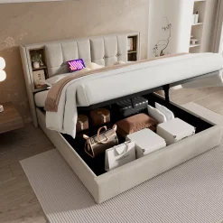 Redom Lit 160x200 cm tete de lit avec rangement et ports USB Type C, tapisse lin, coffre a verins Outlet
