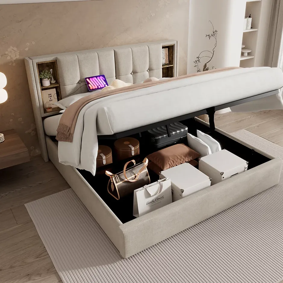 Redom Lit 160x200 cm tete de lit avec rangement et ports USB Type C, tapisse lin, coffre a verins Outlet