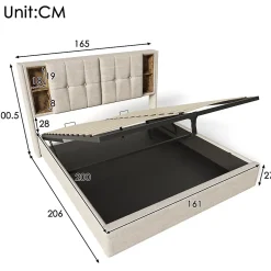 Redom Lit 160x200 cm tete de lit avec rangement et ports USB Type C, tapisse lin, coffre a verins Outlet