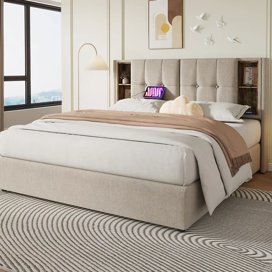 Redom Lit 160x200 cm tete de lit avec rangement et ports USB Type C, tapisse lin, coffre a verins Outlet