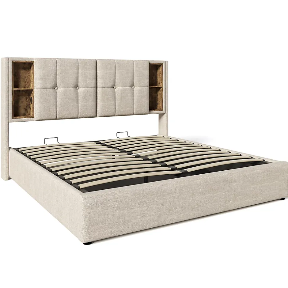 Redom Lit 160x200 cm tete de lit avec rangement et ports USB Type C, tapisse lin, coffre a verins Outlet