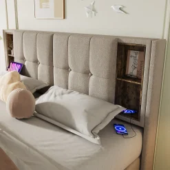 Redom Lit 160x200 cm tete de lit avec rangement et ports USB Type C, tapisse lin, coffre a verins Outlet