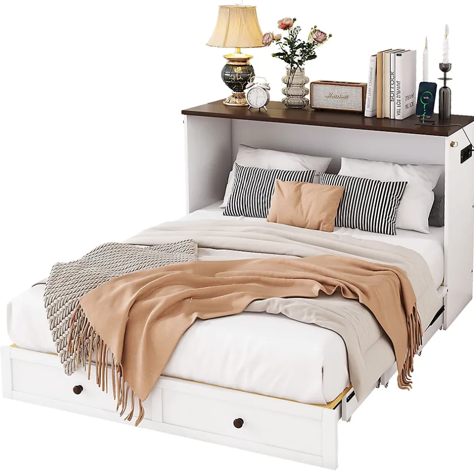 Redom Lit 140x200 cm transformable en armoire, avec tiroirs de grande capacité, tête étagère et prises USB, blanc Outlet