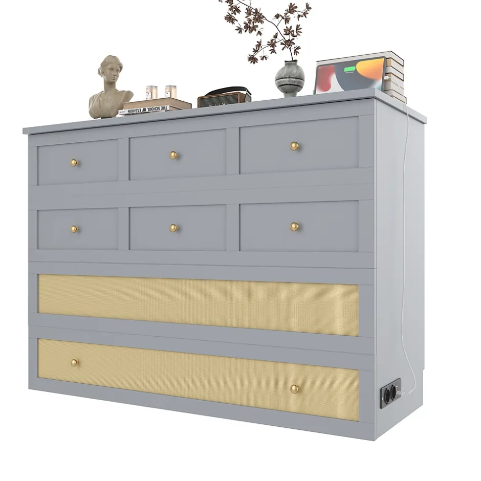 Redom Lit 140x200 cm transformable en armoire, avec tiroirs de rangement et prise USB intégrée, finition grise MDF New