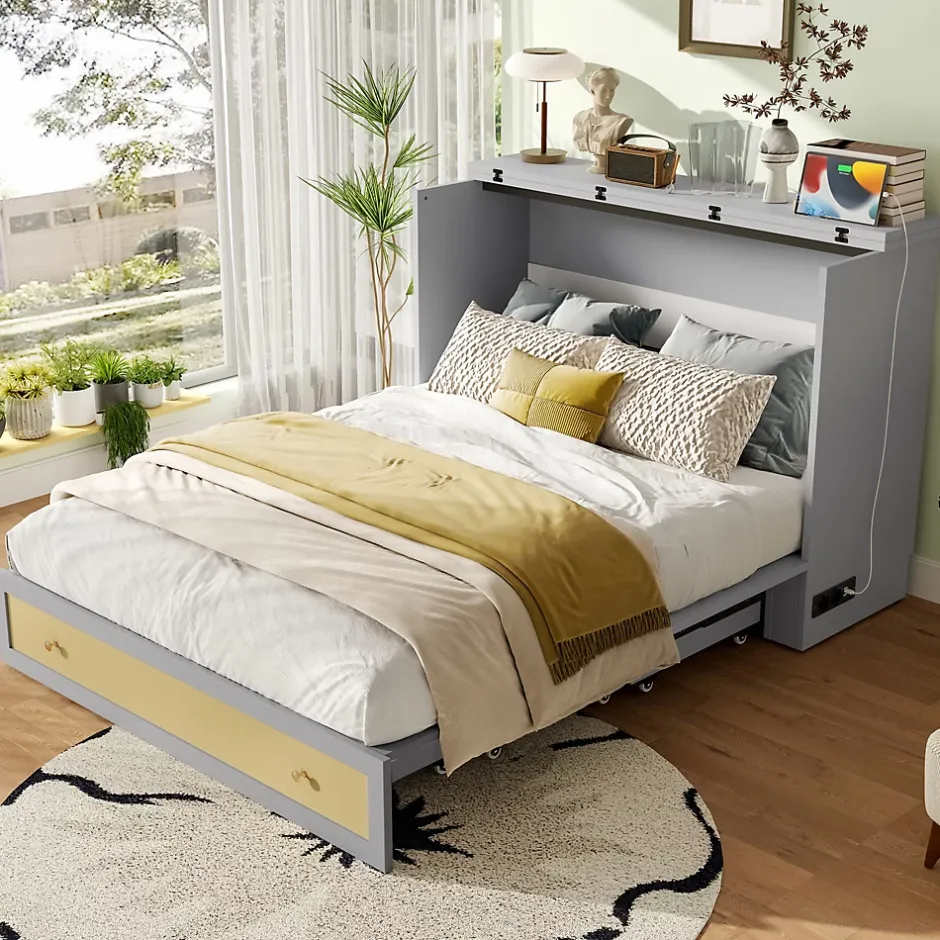 Redom Lit 140x200 cm transformable en armoire, avec tiroirs de rangement et prise USB intégrée, finition grise MDF New