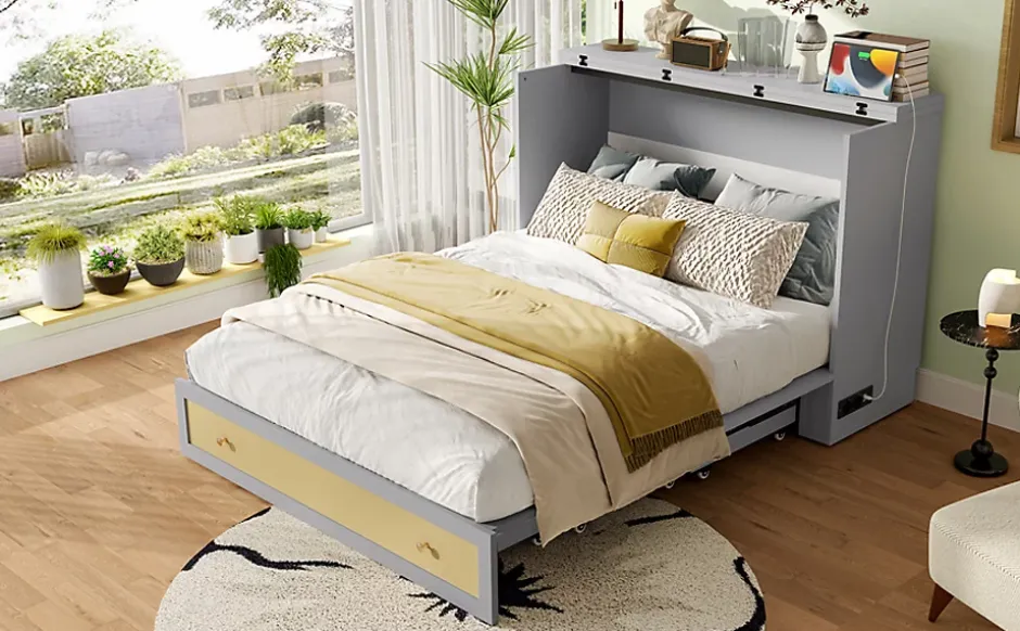 Redom Lit 140x200 cm transformable en armoire, avec tiroirs de rangement et prise USB intégrée, finition grise MDF New