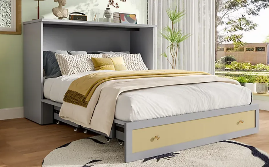 Redom Lit 140x200 cm transformable en armoire, avec tiroirs de rangement et prise USB intégrée, finition grise MDF New