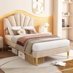 Redom Lit 90x200 cm tête coquillage réglable, pieds métal doré, velours beige et sommier à lattes bois Clearance