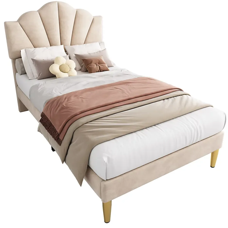 Redom Lit 90x200 cm tête coquillage réglable, pieds métal doré, velours beige et sommier à lattes bois Clearance