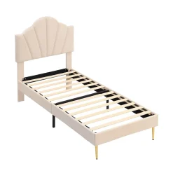 Redom Lit 90x200 cm tête coquillage réglable, pieds métal doré, velours beige et sommier à lattes bois Clearance