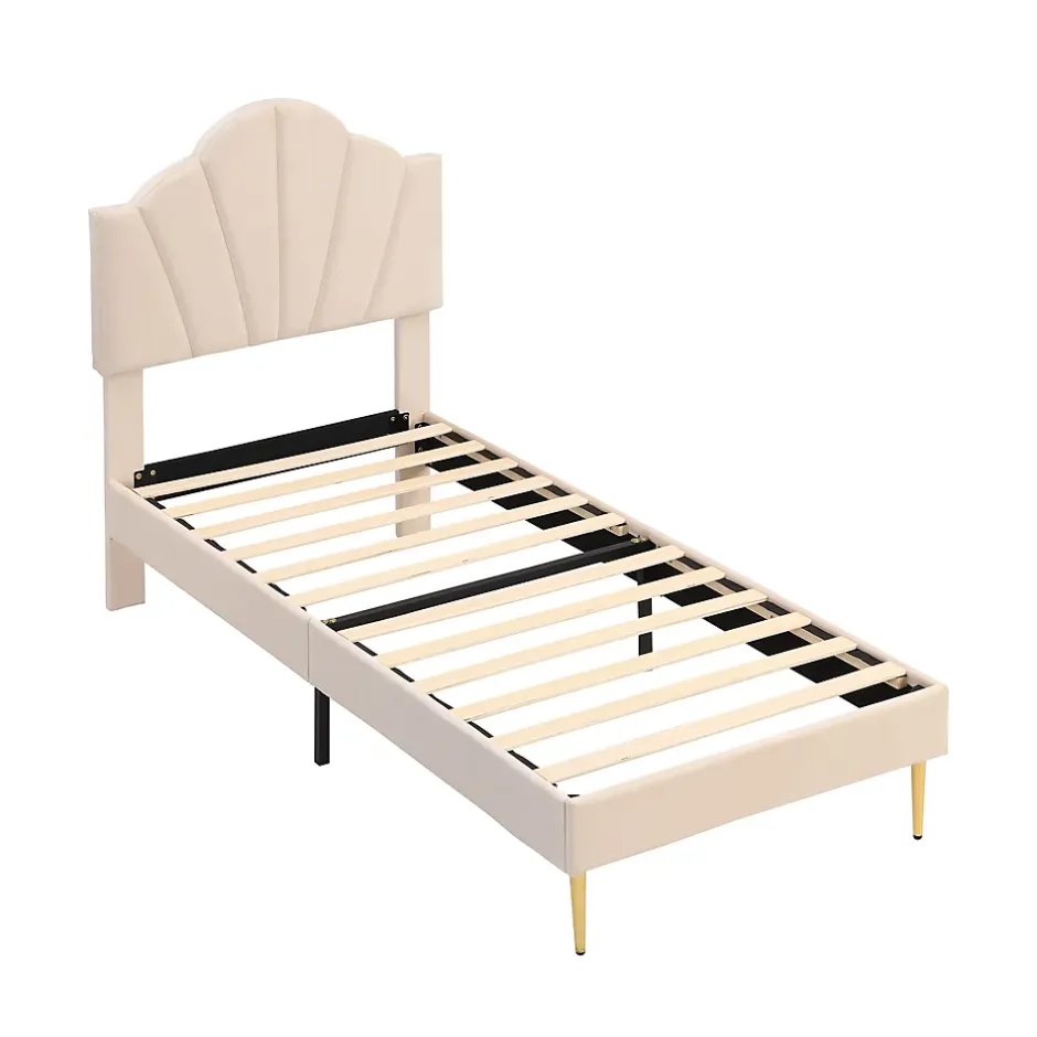 Redom Lit 90x200 cm tête coquillage réglable, pieds métal doré, velours beige et sommier à lattes bois Clearance