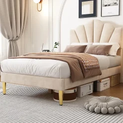 Redom Lit 90x200 cm tête coquillage réglable, pieds métal doré, velours beige et sommier à lattes bois Clearance