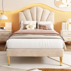 Redom Lit 90x200 cm tête coquillage réglable, pieds métal doré, velours beige et sommier à lattes bois Clearance