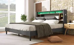 Redom Lit 140x200 cm tête de lit avec rangement, ports USB et éclairage LED, cadre bois massif et tissu lin gris Hot