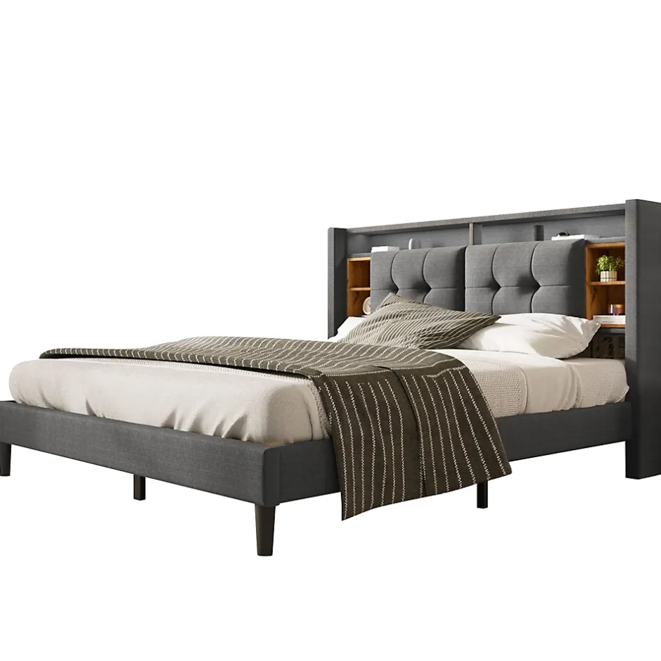 Redom Lit 140x200 cm tête de lit avec rangement, ports USB et éclairage LED, cadre bois massif et tissu lin gris Hot