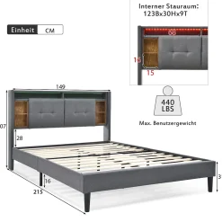 Redom Lit 140x200 cm tête de lit avec rangement, ports USB et éclairage LED, cadre bois massif et tissu lin gris Hot
