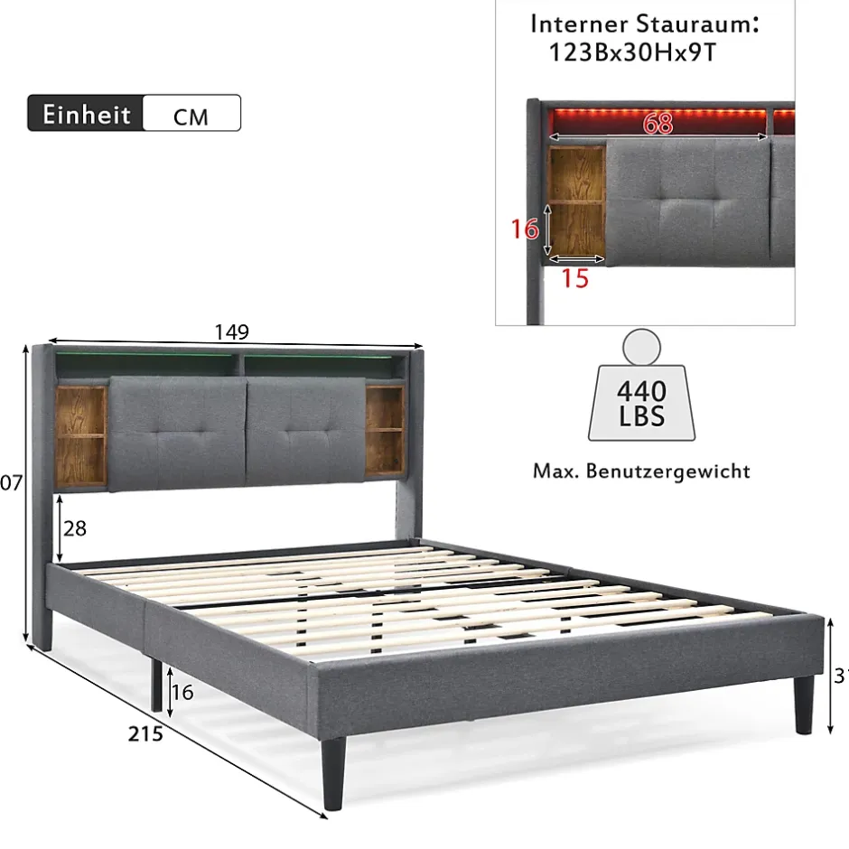 Redom Lit 140x200 cm tête de lit avec rangement, ports USB et éclairage LED, cadre bois massif et tissu lin gris Hot