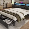 Redom Lit 140x200 cm tête de lit avec rangement et tiroirs, cadre métal et tissu lin gris, LED et station USB New