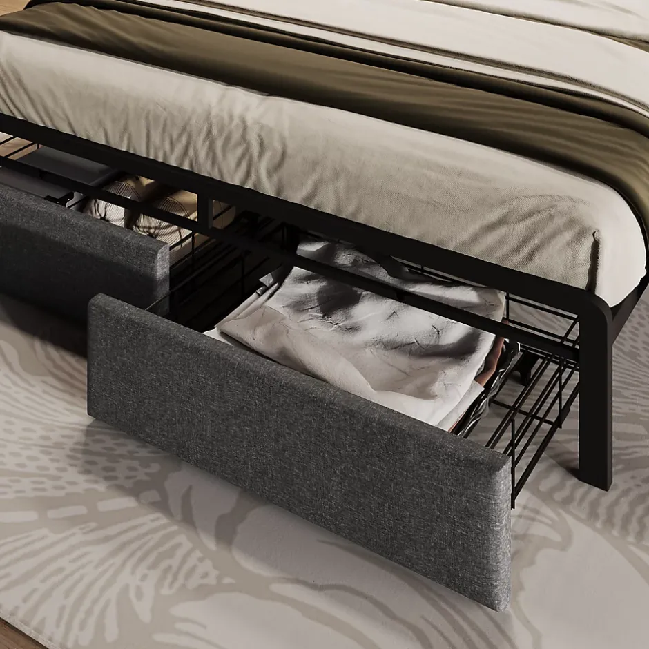 Redom Lit 140x200 cm tête de lit avec rangement et tiroirs, cadre métal et tissu lin gris, LED et station USB New