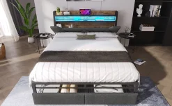 Redom Lit 140x200 cm tête de lit avec rangement et tiroirs, cadre métal et tissu lin gris, LED et station USB New