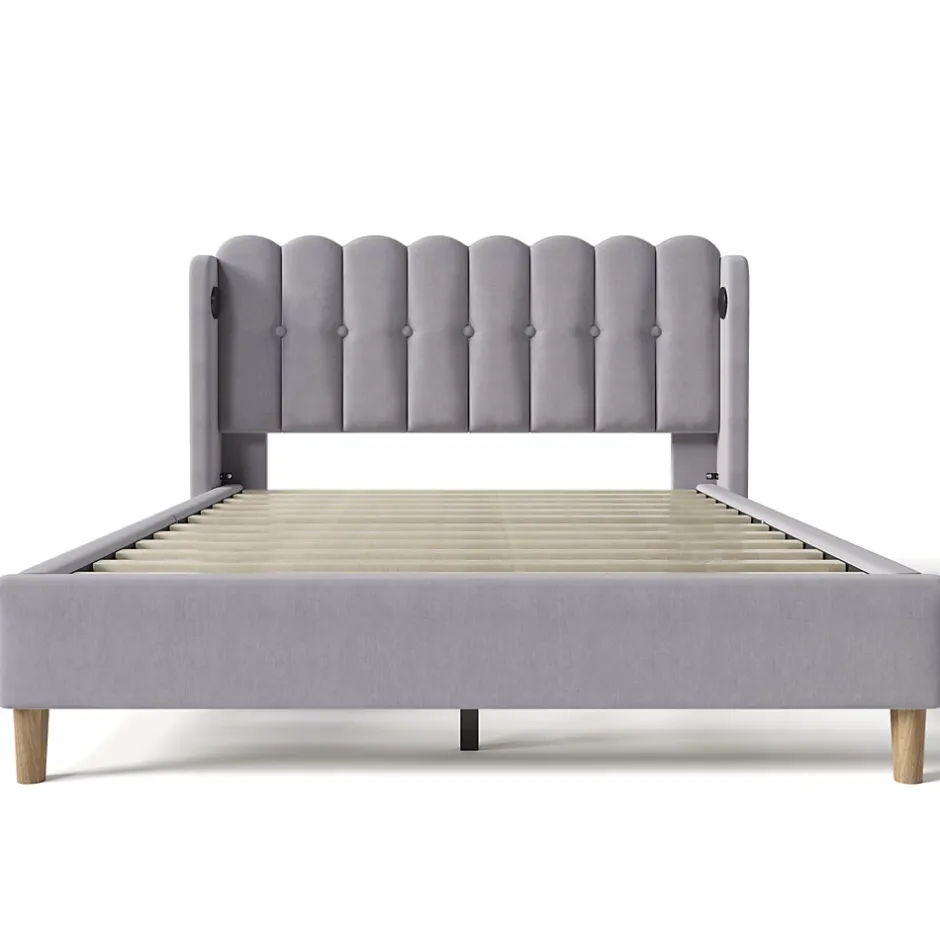Redom Lit 160x200 cm tête de lit capitonnée avec ports USB et Type-C, cadre tapissé lin gris Hot