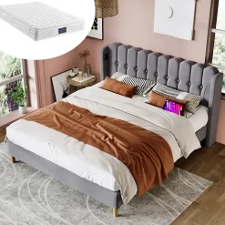 Redom Lit 160x200 cm tête de lit capitonnée avec ports USB et Type-C, cadre tapissé lin gris Hot