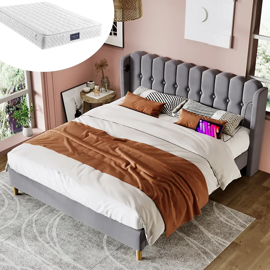 Redom Lit 160x200 cm tête de lit capitonnée avec ports USB et Type-C, cadre tapissé lin gris Hot