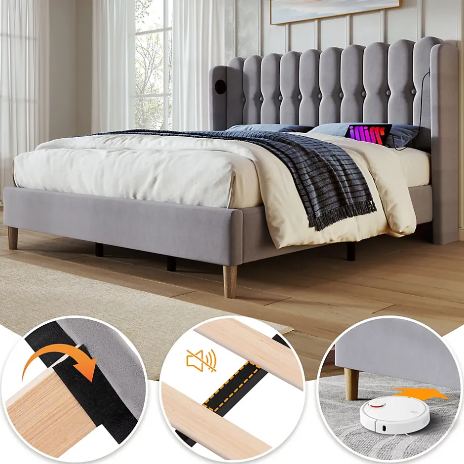 Redom Lit 160x200 cm tête de lit capitonnée avec ports USB et Type-C, cadre tapissé lin gris Hot