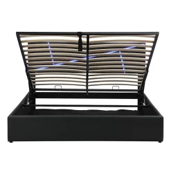 Redom Lit 140x200 cm tête de lit rembourrée avec éclairage LED pilotable et coffre hydraulique, revêtement PU noir