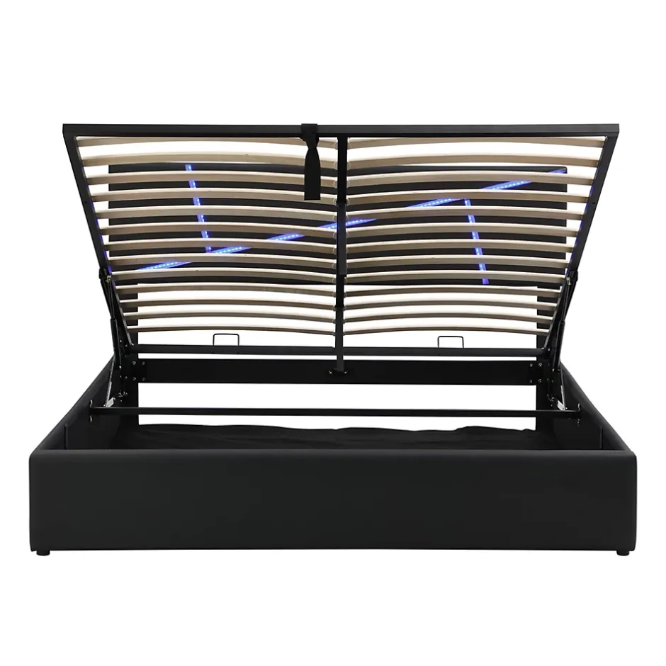 Redom Lit 140x200 cm tête de lit rembourrée avec éclairage LED pilotable et coffre hydraulique, revêtement PU noir