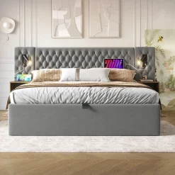 Redom Lit 180x200 cm, tête de lit velours gris et rangement hydraulique, deux chevets finition bois avec USB/Type-C
