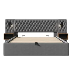 Redom Lit 180x200 cm, tête de lit velours gris et rangement hydraulique, deux chevets finition bois avec USB/Type-C