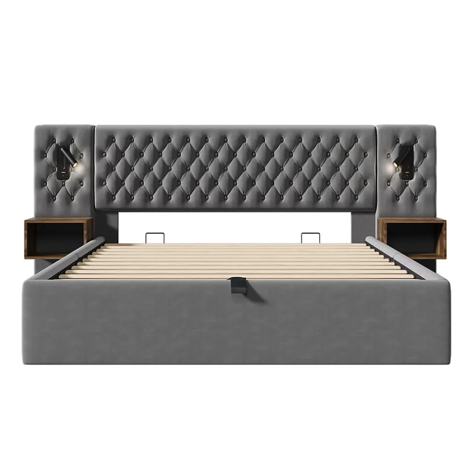 Redom Lit 180x200 cm, tête de lit velours gris et rangement hydraulique, deux chevets finition bois avec USB/Type-C