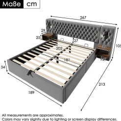 Redom Lit 180x200 cm, tête de lit velours gris et rangement hydraulique, deux chevets finition bois avec USB/Type-C