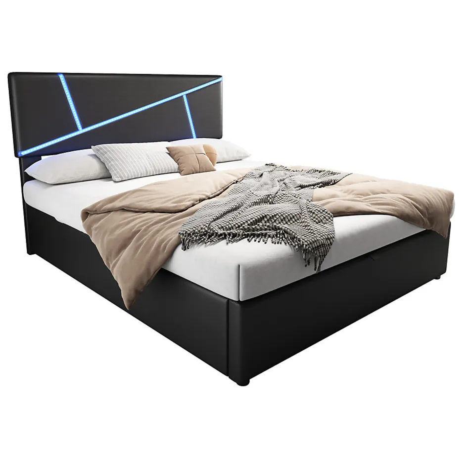 Redom Lit 90x200 cm tête rembourrée LED contrôlable, rangement hydraulique, PU noir, sommier 13 lattes