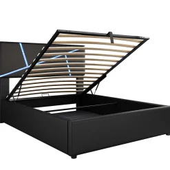 Redom Lit 90x200 cm tête rembourrée LED contrôlable, rangement hydraulique, PU noir, sommier 13 lattes