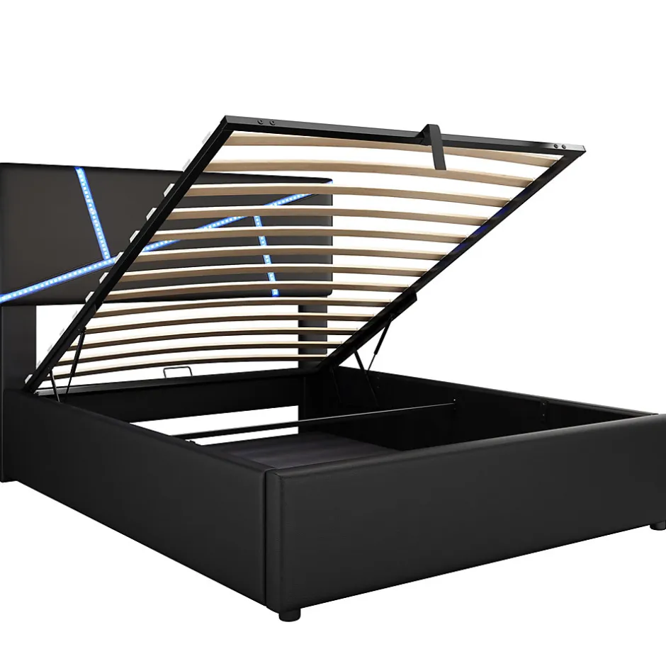 Redom Lit 90x200 cm tête rembourrée LED contrôlable, rangement hydraulique, PU noir, sommier 13 lattes