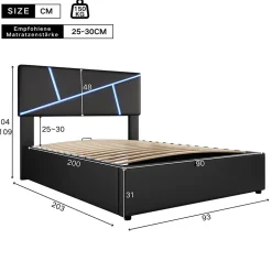 Redom Lit 90x200 cm tête rembourrée LED contrôlable, rangement hydraulique, PU noir, sommier 13 lattes