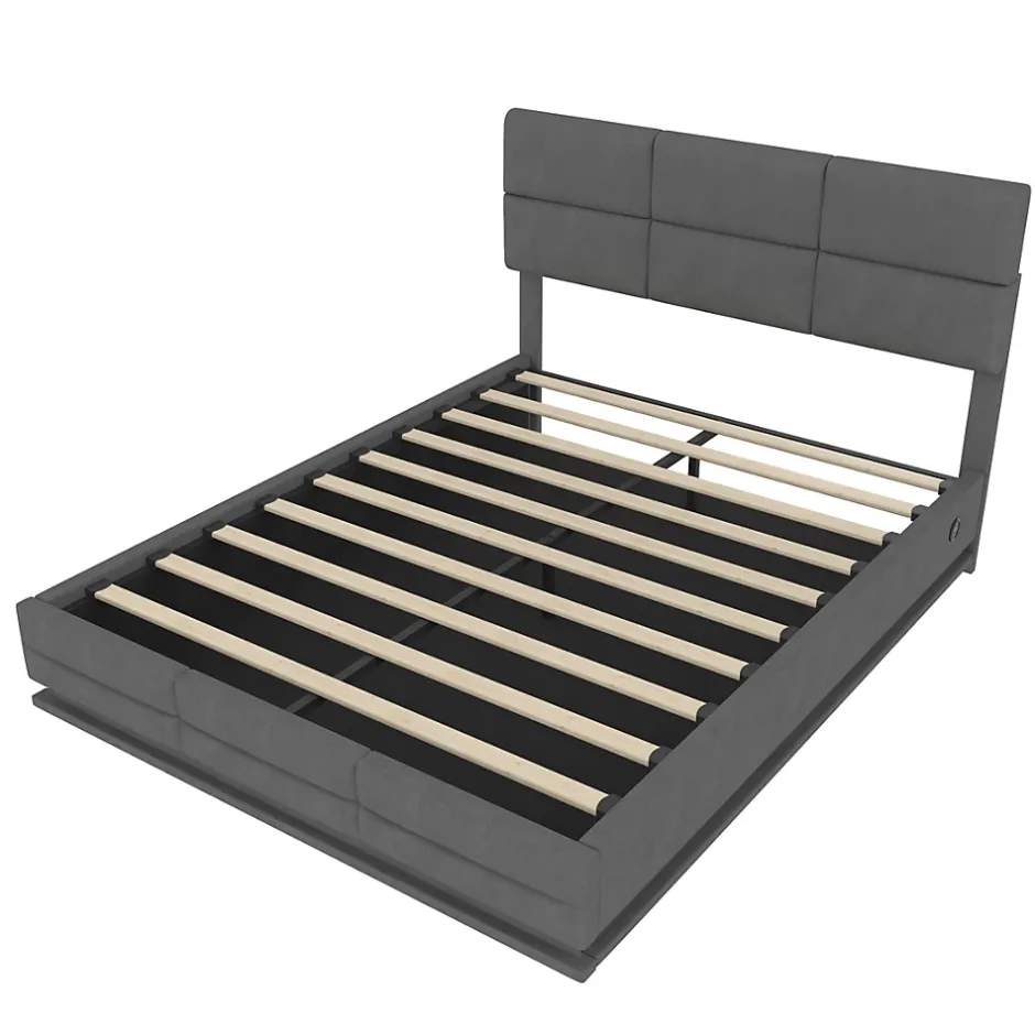 Redom Lit 140x200 cm velours gris foncé, tête de lit réglable 3 positions et grand coffre hydraulique intégré New