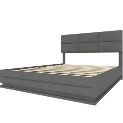 Redom Lit 140x200 cm velours gris foncé, tête de lit réglable 3 positions et grand coffre hydraulique intégré New