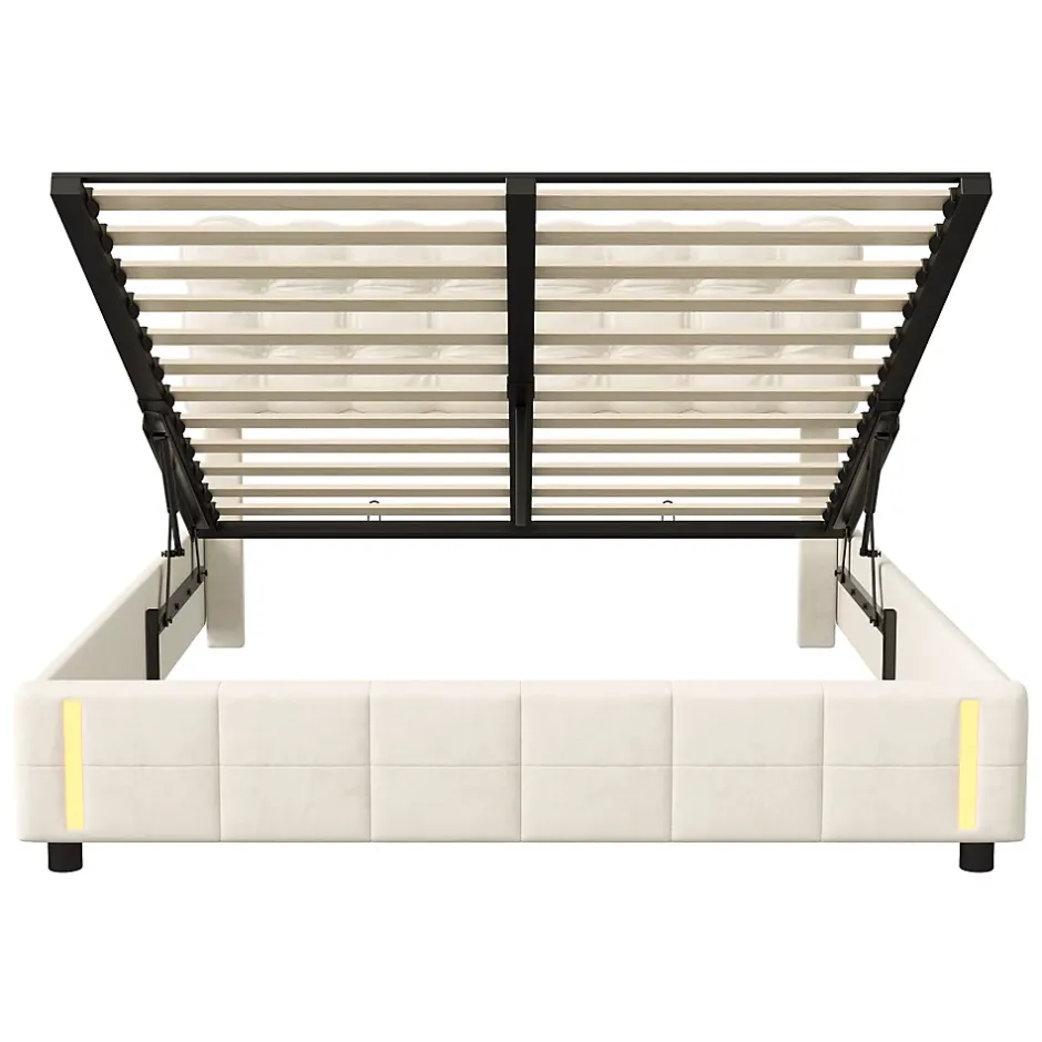 Generique Lit 140x200 cm, velours, tête capitonnée, hydraulique, LED, rangement, sommier à lattes Online