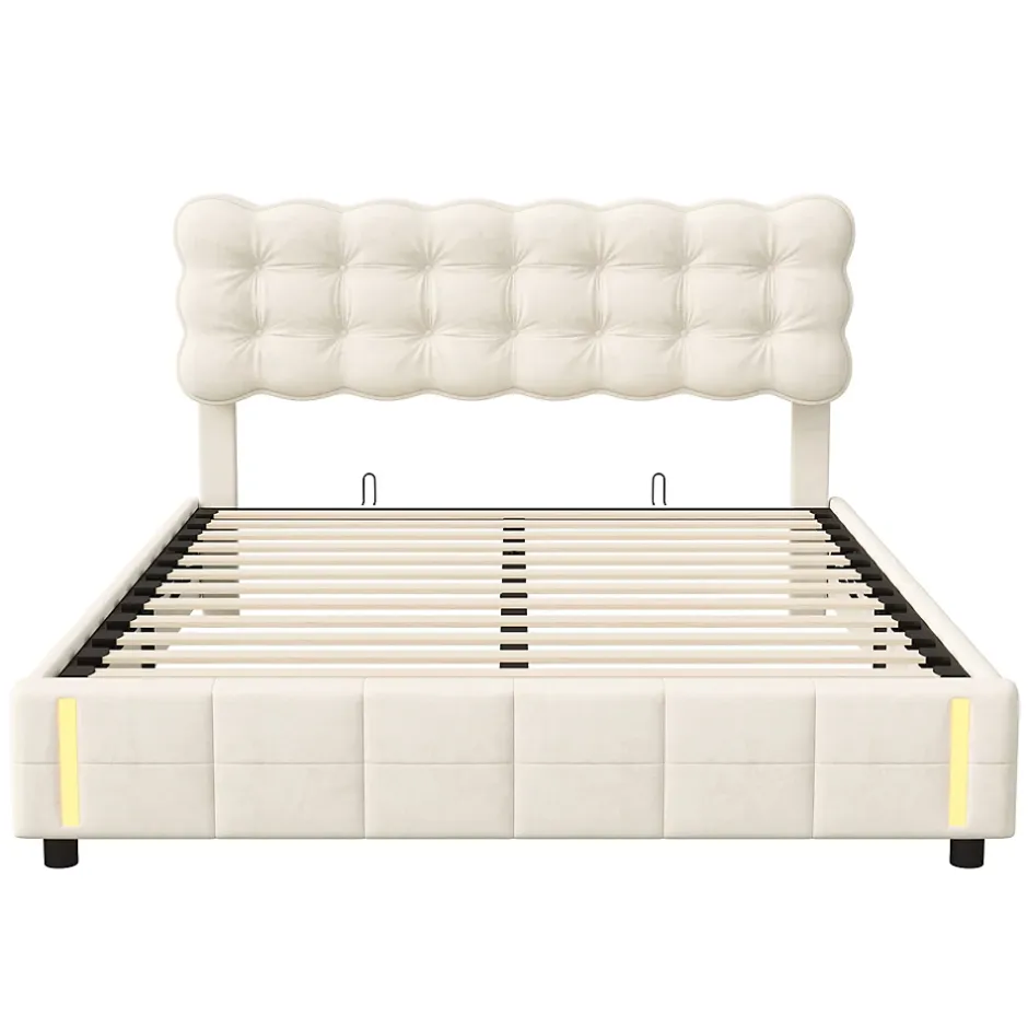 Generique Lit 140x200 cm, velours, tête capitonnée, hydraulique, LED, rangement, sommier à lattes Online