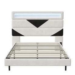 Fortuna lai Lit 160x200 cm,avec port de chargement USB et éclairage LED,Cadre de lit, lit flottant avec Tête de lit triangle,Lit adulte,Blanc