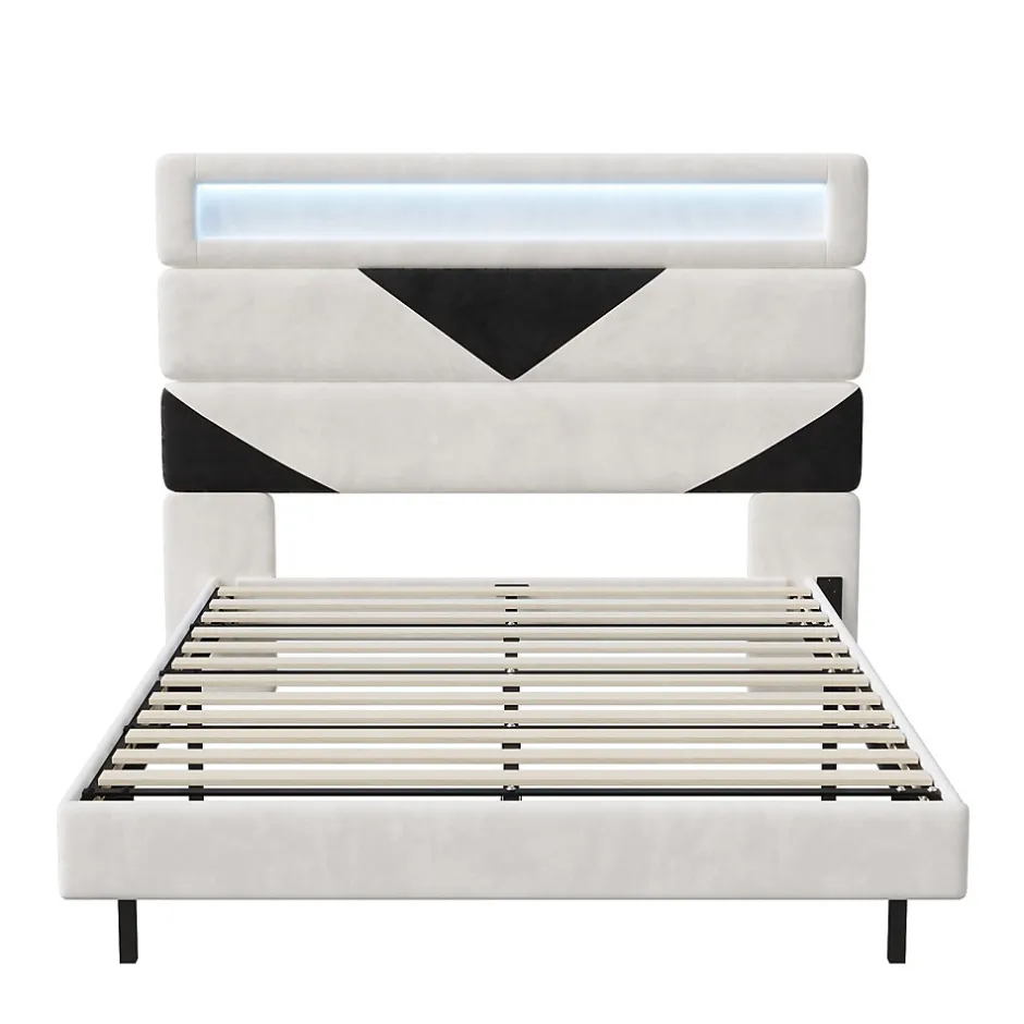 Fortuna lai Lit 160x200 cm,avec port de chargement USB et éclairage LED,Cadre de lit, lit flottant avec Tête de lit triangle,Lit adulte,Blanc