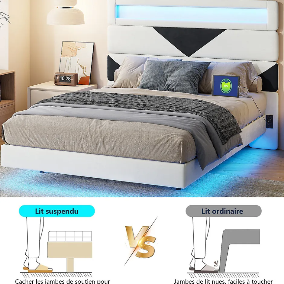 Fortuna lai Lit 160x200 cm,avec port de chargement USB et éclairage LED,Cadre de lit, lit flottant avec Tête de lit triangle,Lit adulte,Blanc