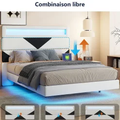Fortuna lai Lit 160x200 cm,avec port de chargement USB et éclairage LED,Cadre de lit, lit flottant avec Tête de lit triangle,Lit adulte,Blanc