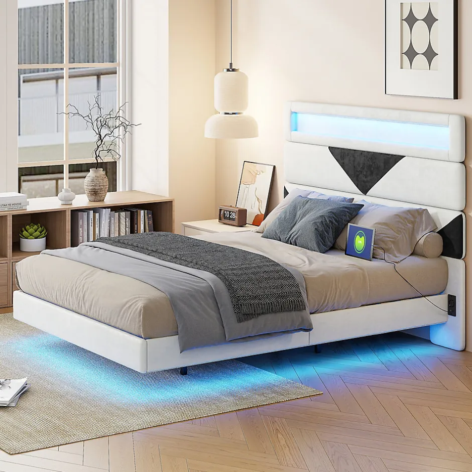 Fortuna lai Lit 160x200 cm,avec port de chargement USB et éclairage LED,Cadre de lit, lit flottant avec Tête de lit triangle,Lit adulte,Blanc